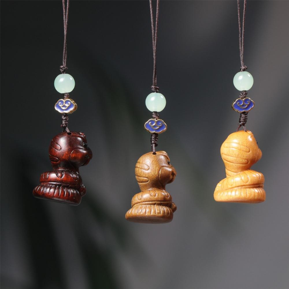 Hand Carved Wooden Chinese Zodiac Snake Pendant Cute Cartoon Snake Lucky Charm Keychain Car Rearview Mirror Bag Hanging Ornament