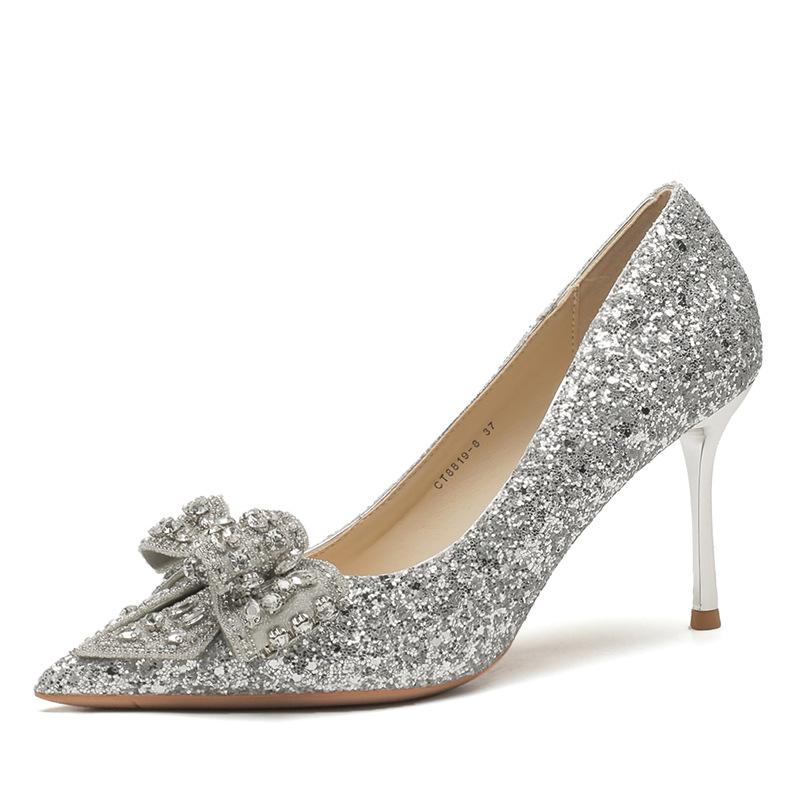819-11 High heels women's spring 2025 new silver crystal bow wedding shoes pointed stiletto single shoes