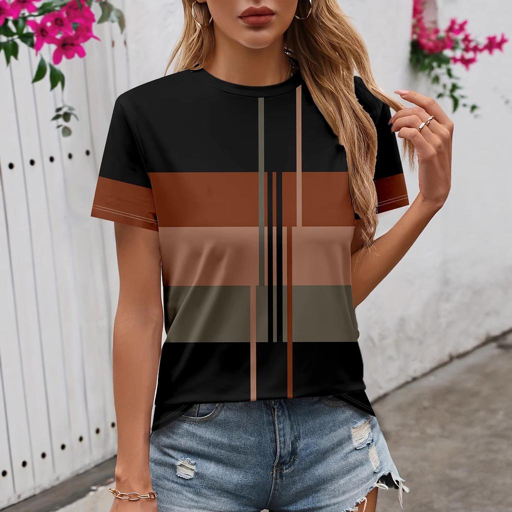 ummer Round Neck Color - Block Stripe 3D Print Top Fashionable Casual Short Sleeved Women's T-shirts