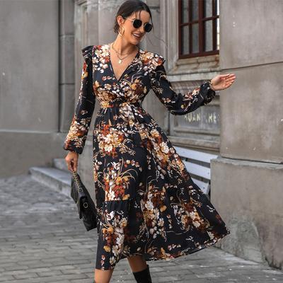 Kadın Orta Bel Moda Baskılı Orta Uzunlukta Sonbahar Elbisesi