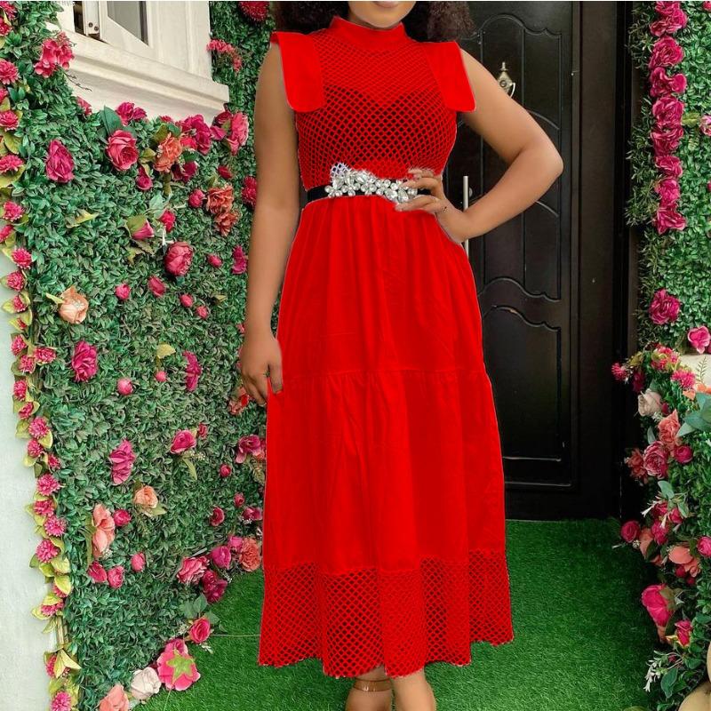 

Summer temperament commuting sexy hollow cotton high waist mesh splicing solid color large size dress XXXL красный