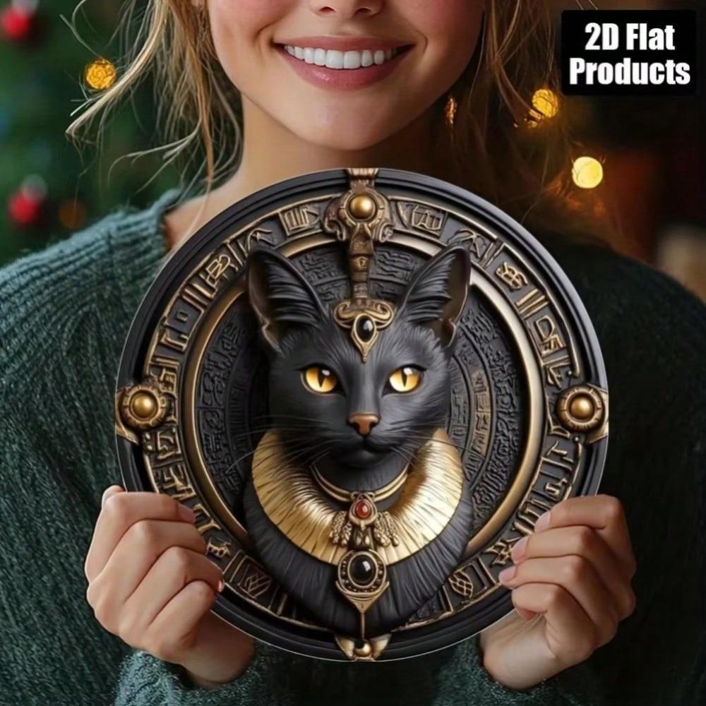 Arte de Pared Metálico de Gato Negro Egipcio Retro con Decoración de Templo Dorado para Hogar Oficina Halloween