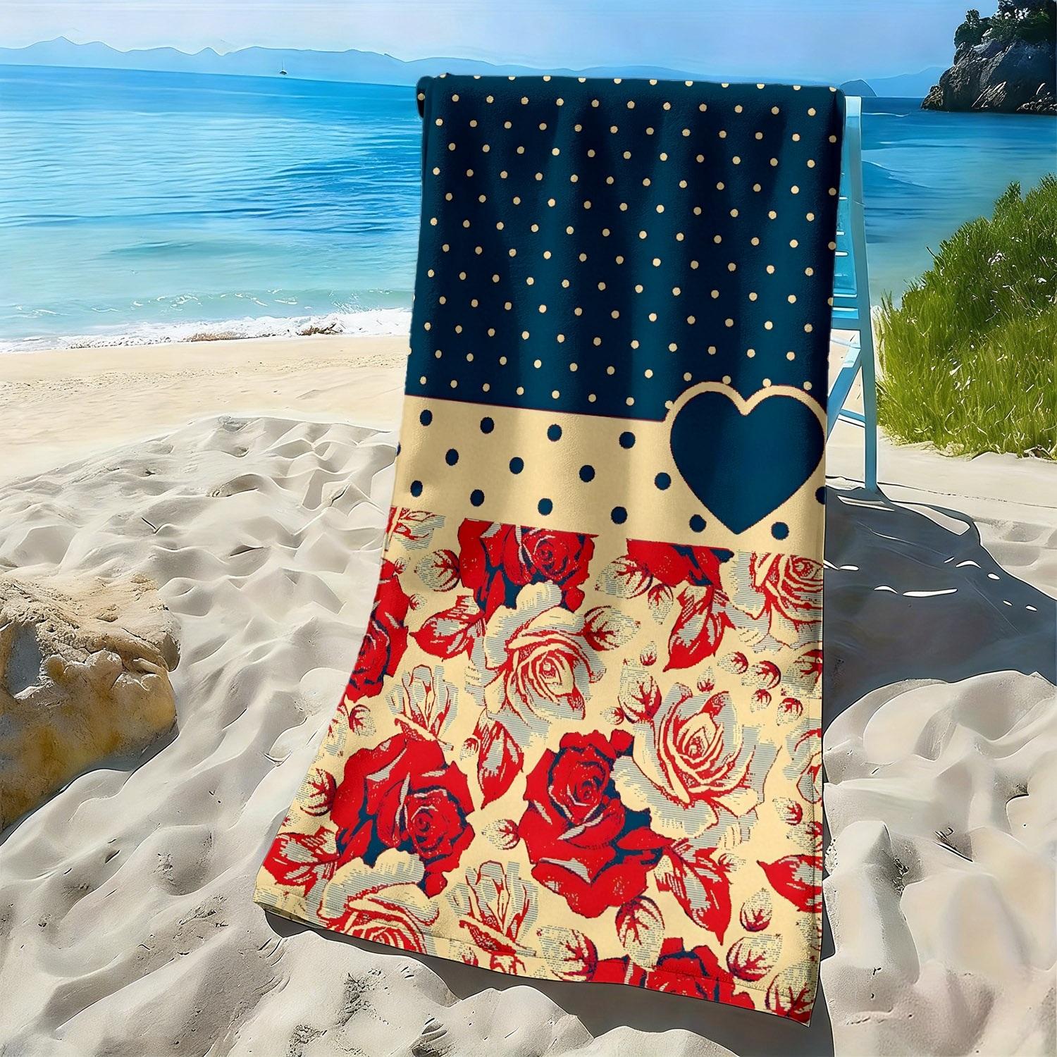 Retro polka dot heart-shaped rose polyester microfiber beach towel is highly absorbent, suitable for swimming and beach outings W40*H60(CM)