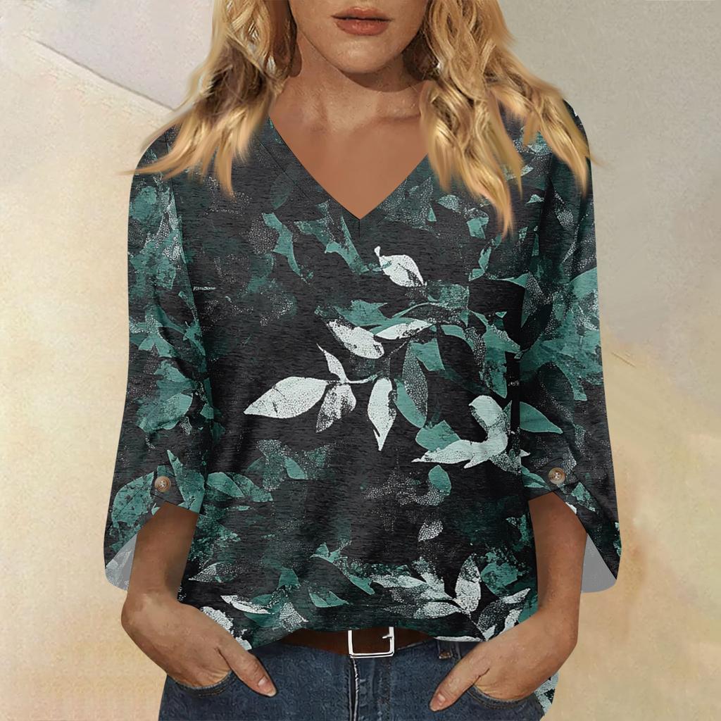 Womens V Neck Three Quarter Sleeve Floral Print Casual Loose Fit Top Comfortable Lightweight Blouse for Daily Wear Office and Travel