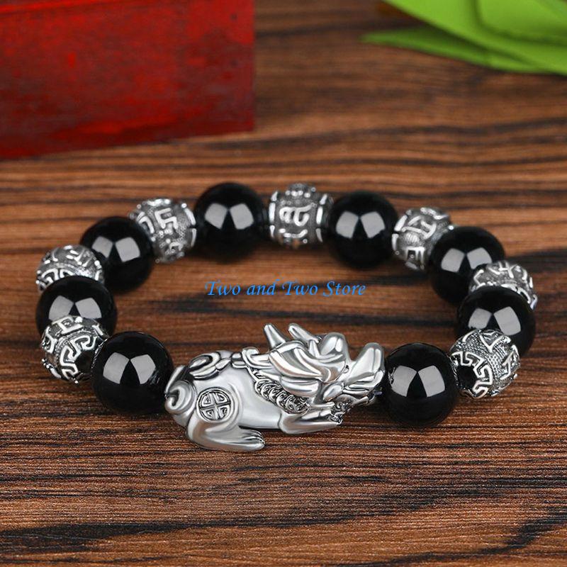 HX6F Lucky Six Words Pixiu Bead Bracelet Male Black Stone Bracelet