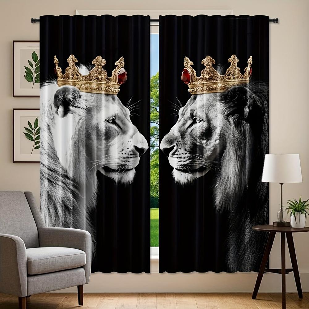 2pcs Crown Tiger Lion Style Door Curtains - High-Quality Polyester   Machine Washable   Rod Pocket Easy Install   Semi-Translucent