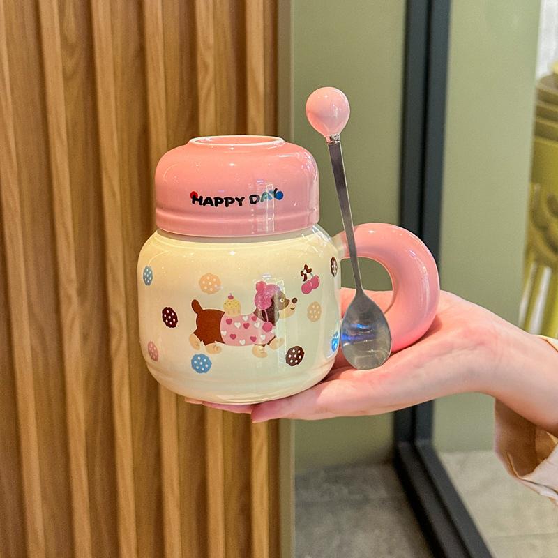 Cute Dachshund Puppy Ceramic Kettle Couple with High Value Mug with Lid To Send Birthday Gifts for Girls