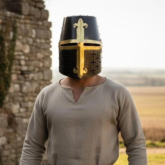 Templar Crusader Helmet With Brass Gold Cross, Black Medieval Knight Templar Helmet For LARP, Cosplay Collectors Gift