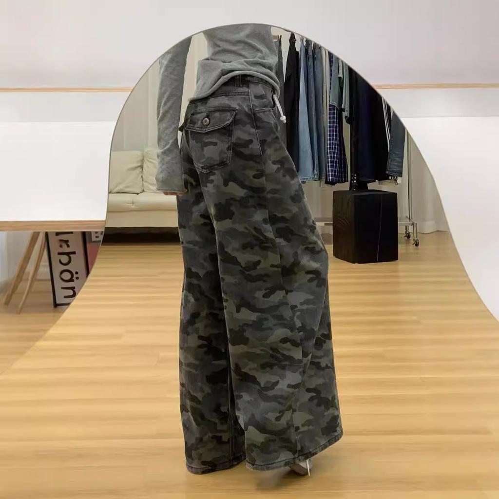 Women's Camouflage Wide Leg Jeans High Waisted Loose Straight Denim Cargo Pants Streetwear