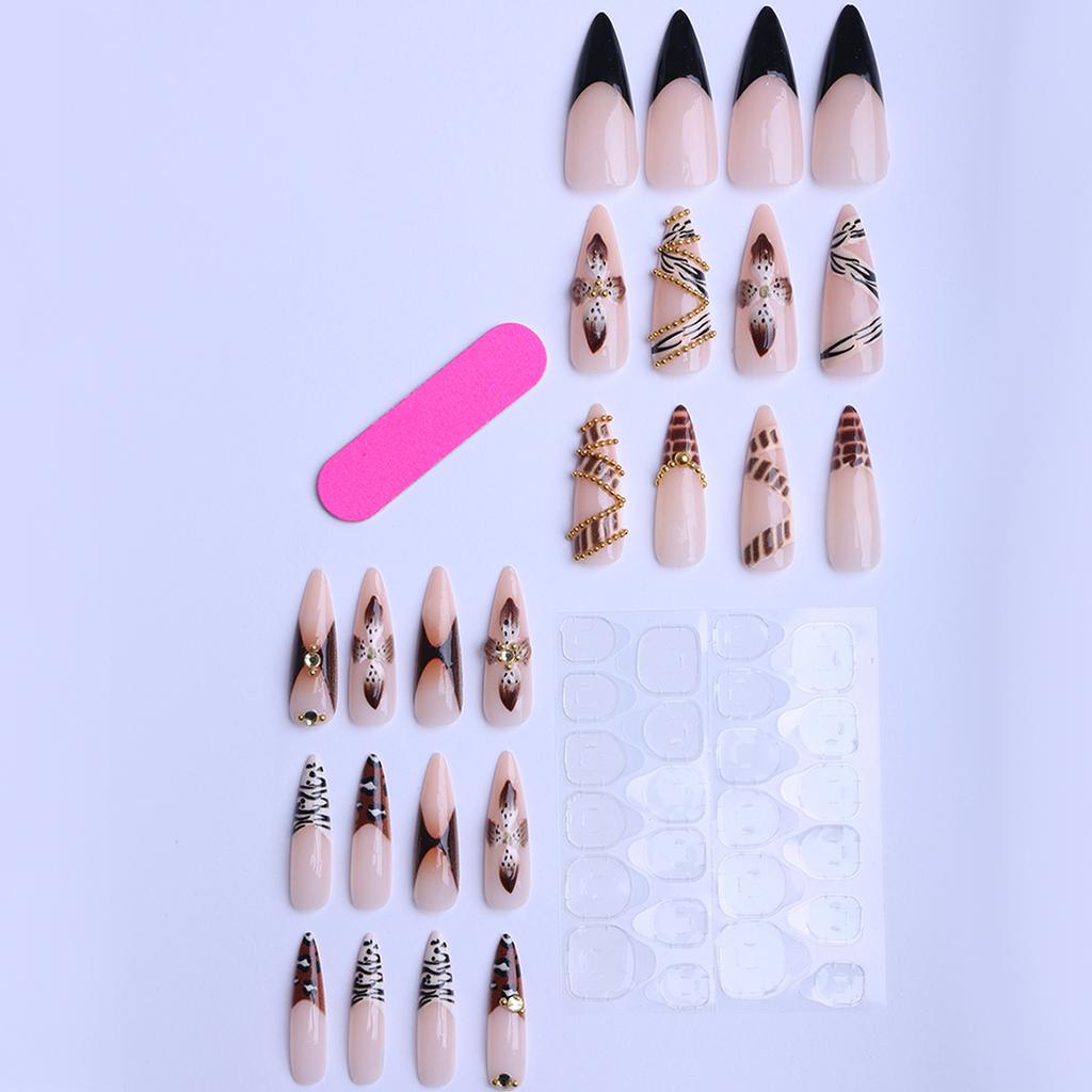 European and American Leopard Print Chain Almond-shaped Wearable Nails with Metal Pentagram Detachable False Nail Tips
