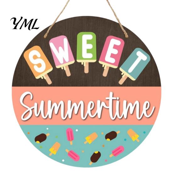 Tropical Wall Decor Hello Summer Door Sign, Ice Pop Flip Flop Welcome Hanger, Outdoor Patio Farmhouse Hanging Wooden Wreath for Front Home Porch