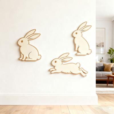 3 Stück Niedlicher Hase Wandaufkleber Cartoon Osterhase Wandsticker Holz Wandbilder Hase Wandkunst für Wohnzimmer Spielzimmer Schlafzimmer Dekor