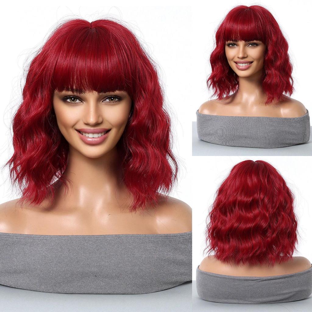 Short Wave Bob Wig with Bangs for Women Synthetic Wigs with Natural Wavy Black Mixed Brown Heat Resistant Wig for Daily Party Use