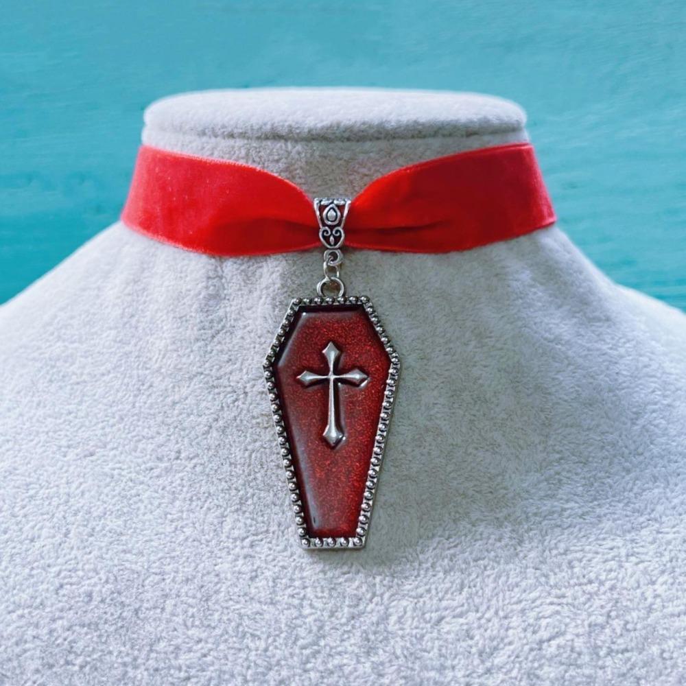 Gothic Silver Color Death Cross Red Dripping Glaze Coffin Pendant Velvet Necklace for Women Men Hallowmas Retro Fashion Jewelry
