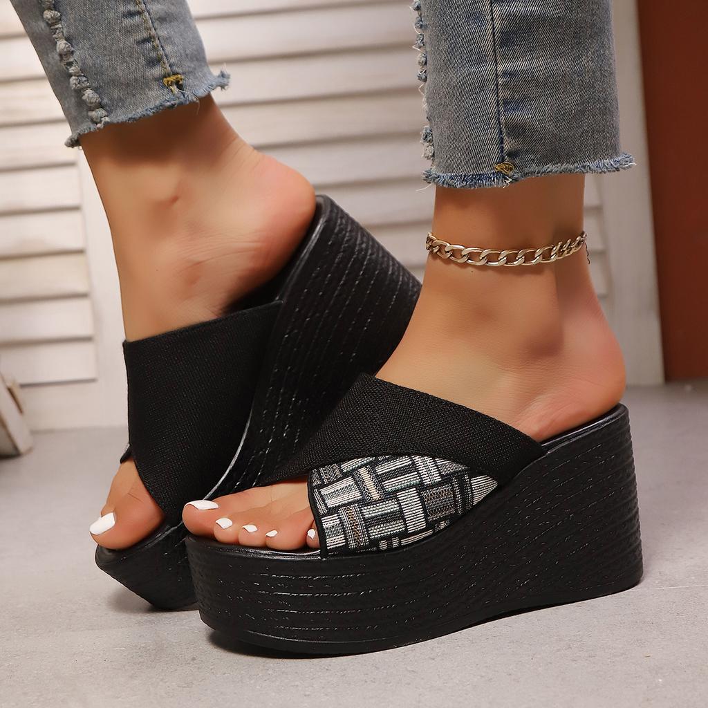 Patchwork Chunky Platform Slippers for Women Fashion Plaid Pattern Wedge Heel Sandals Woman Summer Thick Bottom Beach Sandalias