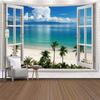 Window View Beach Tapestry Tropical Ocean Palm Wall Hanging Aesthetic Tapestries for Bedroom Living Room Decor