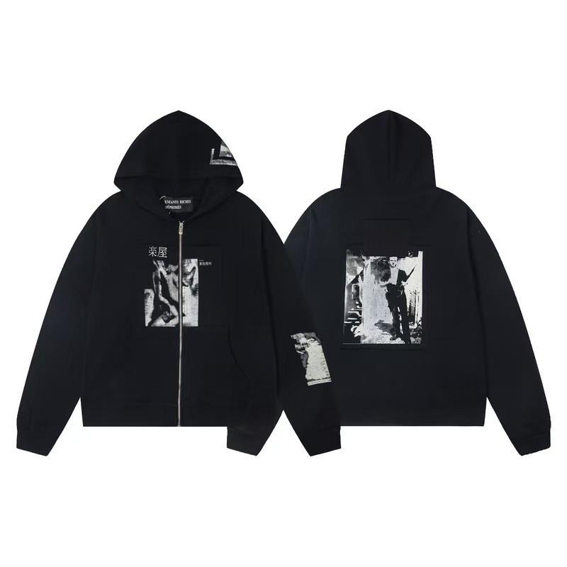 Erkek Geniş Kesim Pamuklu Kapüşonlu Fermuarlı Sweatshirt Sokak Giyim Günlük Harf Baskılı Uzun Kollu Tişört