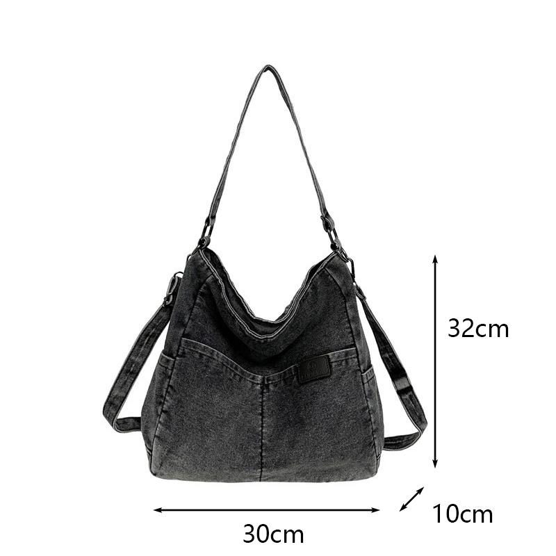Vintage Denim Shoulder Bag Women's Large Capacity Messenger Bag Multi-pockets Satchel Adjustable Strap Ladies Crossbody Bag AVE