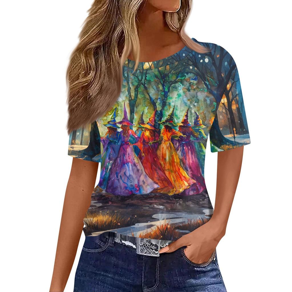 Modisches Lässiges Damen-Pullover-Oberteil mit Kurzarm und Halloween-Print, Rundhals