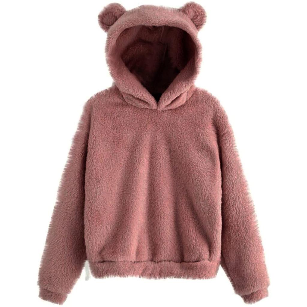 Damen Kapuzenpullover mit Bärenohren Flauschiger Sherpa Fleece Pullover Langarm Niedlich Locker Freizeit Warm Plüsch Kapuzenpullover Oberteile