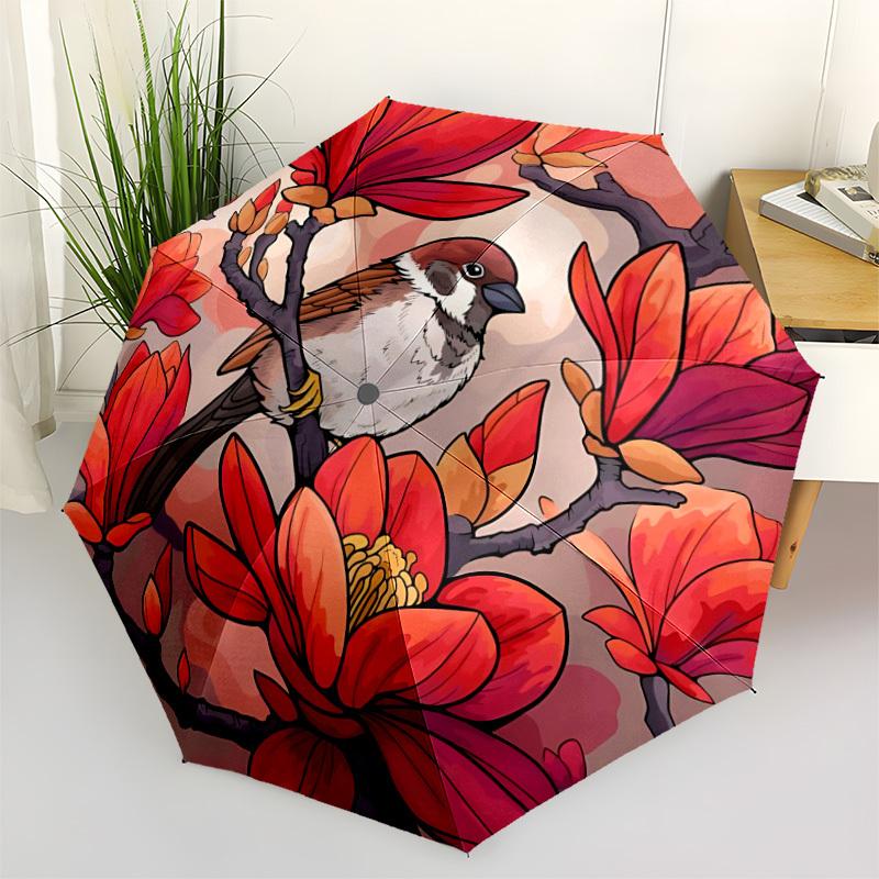 1pc Magnolia Bird Print Automatic Folding Umbrella Durable Iron Frame,All Seasons Home Travel Outdoor Multifunctional Umbrella yy251115102