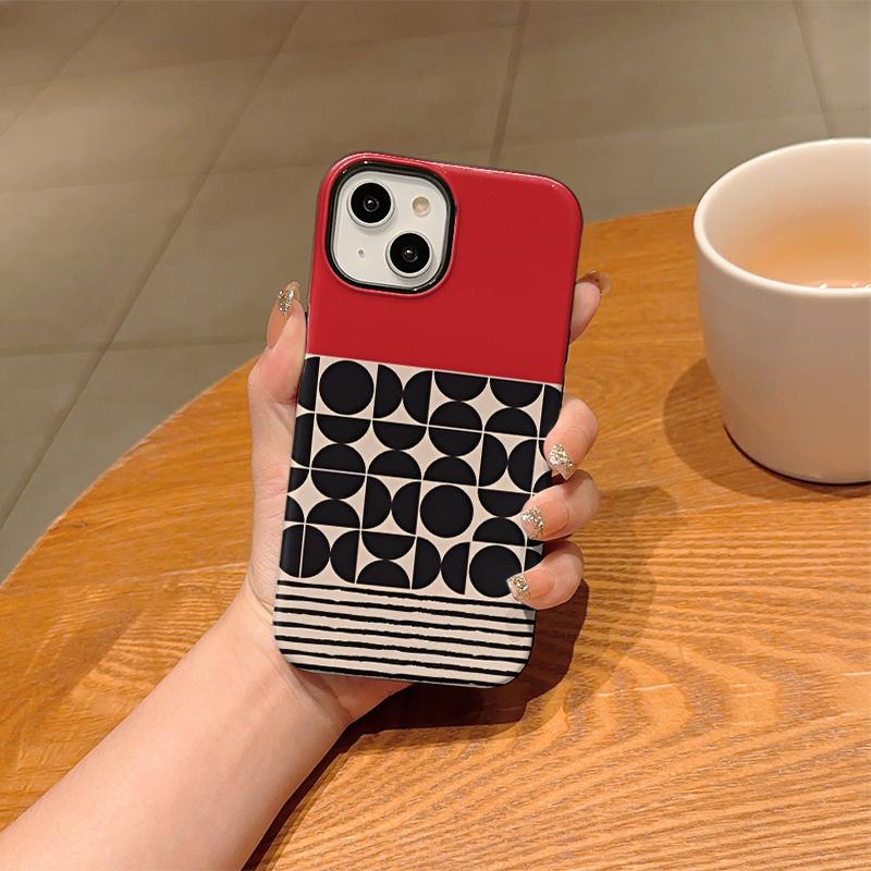 Aesthetic Modern Retro Red Black Geometric Half Circle Striped Film Art Protective Shockproof Bumper Shell Phone Case For iPhone 14 15 16 Pro Max Plus