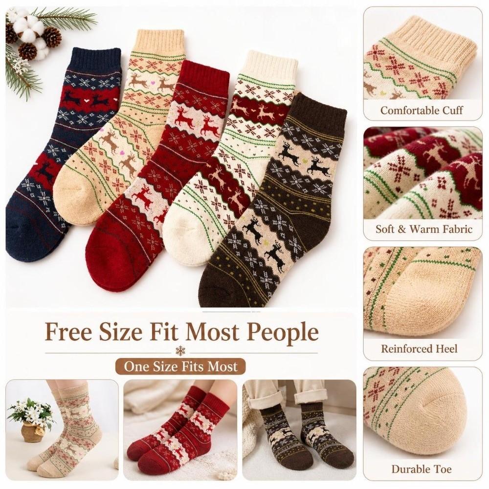 5pairs Thickened Deer Knit Winter Socks Soft Warm Mid-Calf Socks Christmas Reindeer Socks Autumn