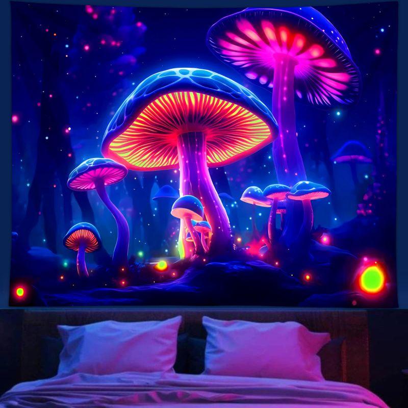 Blacklight Mushroom Forest Tapestry Wall Hanging for Bedroom Gaming Room Party UV Reactive Psychedelic Decor 100X70CM