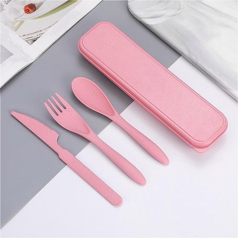 2 st Rosa Portabelt Bordsbestick Vetehalm Bordsbestick Set Tredelat Set med Gafflar Skedar Knivar Resebordsbestick Campingbestick