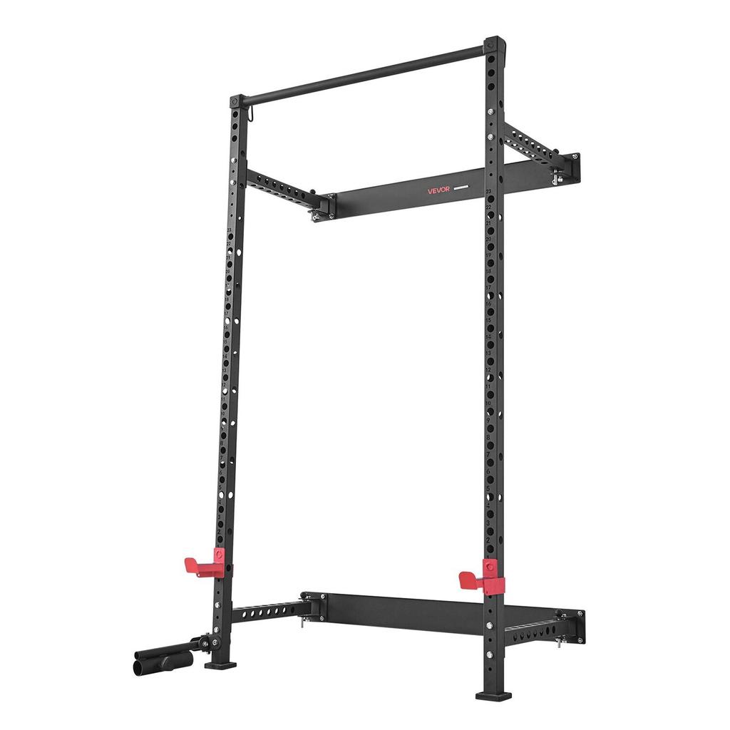 Folding Power Cage, Wall-Mounted Power Rack Squat Rack, Multifunctional Strength Training Workout Equipment with Landmine Holder, Adjustable J-Hooks &
