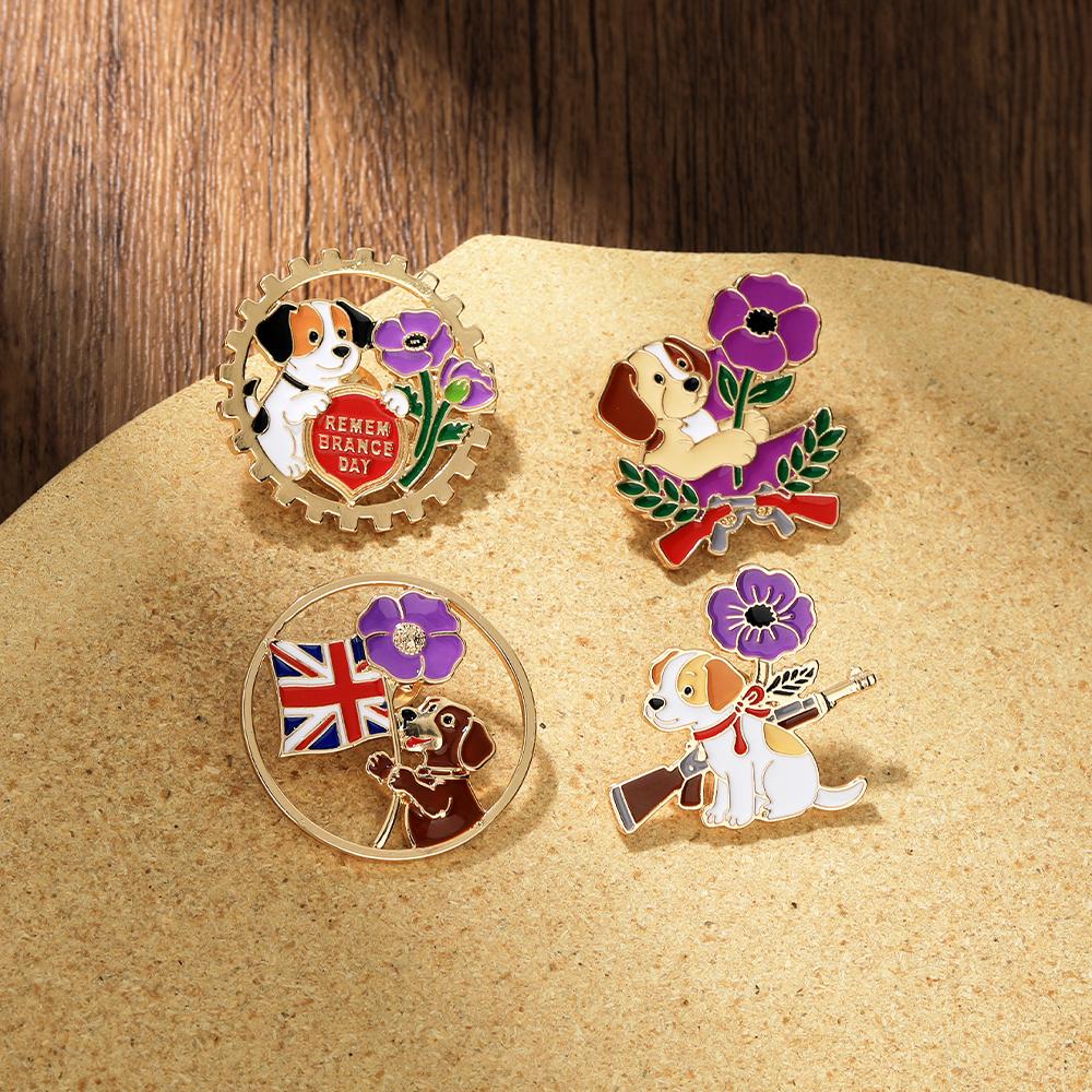 4 Styles Funny Dog And Poppy Design Lest We Forget Enamel Brooches Remembrance Day Animal Golden Pins Veterans Badge