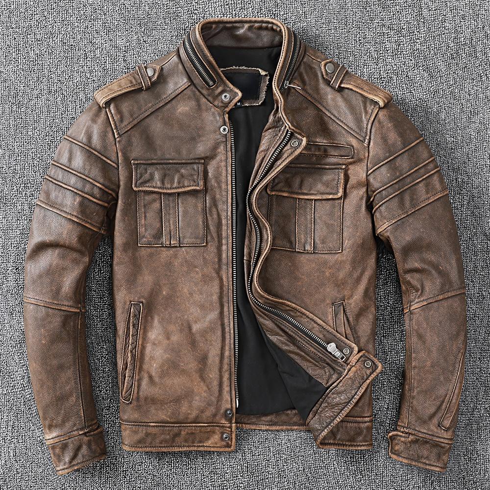 Neue Männer Rindsleder Mantel Männlichen Echtes Leder Jacke Vintage Stil Mann Motorrad Biker Kleidung Dickes Kalbsleder Echt Learher Mäntel