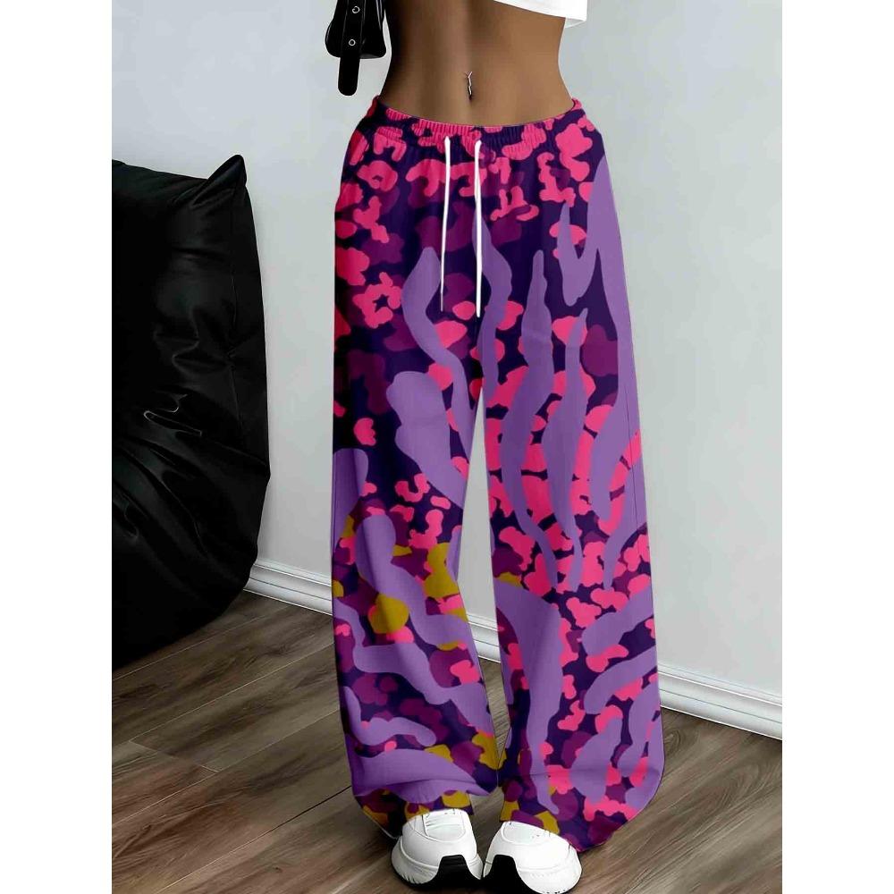 Women's casual wide-leg sweatpants with vibrant purple, pink and yellow abstractions