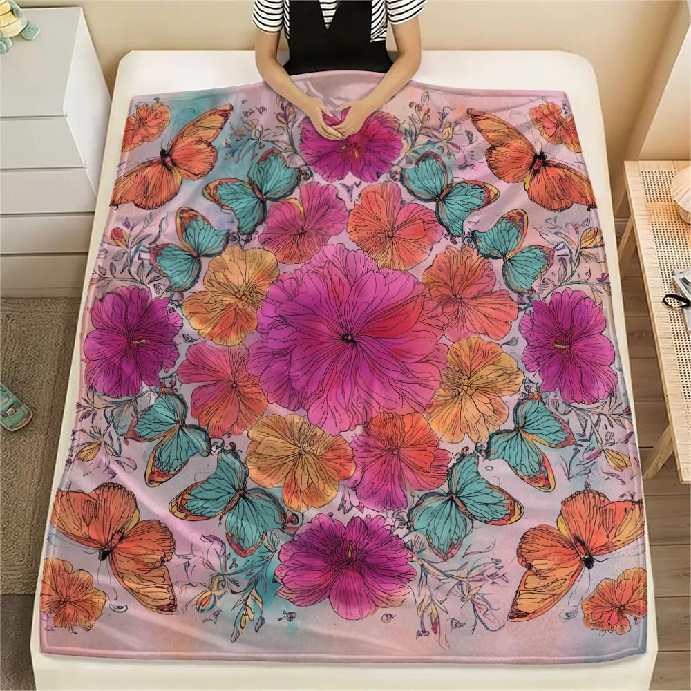 Flower Butterfly  Print Flannel Blanket, High quality Comfortable for All Seasons, Home Decor, Warmth and Comfort