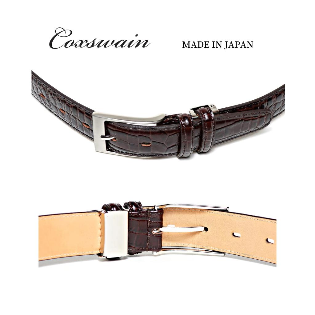 [COXSWAIN] Coxwain Men's Leather Belt, Dark Brown, Crocodile Embossed, 30mm Width, Made In Japan, CW20203-39