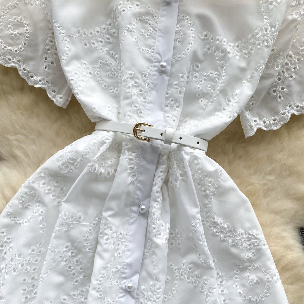 Letní dámské elegantní odkládací límec s výšivkou a květinovou výšivkou, dlouhé midi košile, společenské šaty