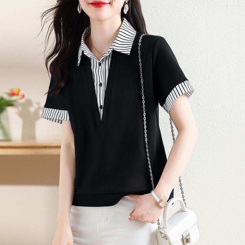 

Поддельные две рубашки, женская хлопковая футболка с коротким рукавом, летняя мода, хлопковая свободная блузка с полосатым воротником в стиле вестерн и рубашки L чёрный