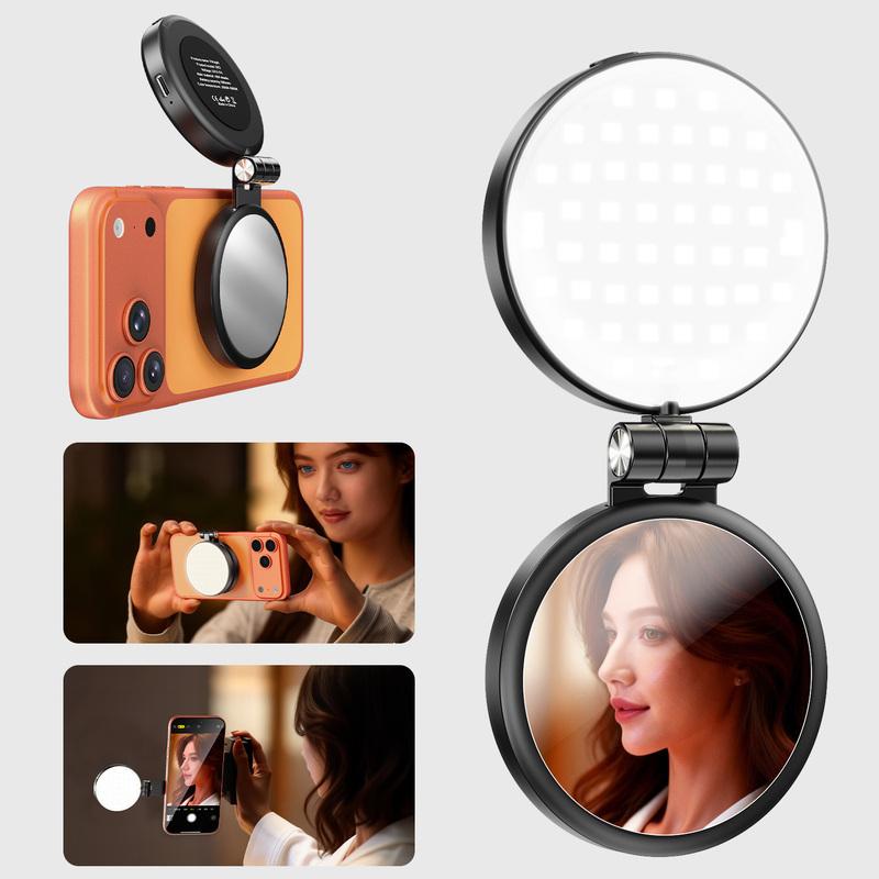3 In 1 Magnetic Selfie Ring Light with Mirror LED Foldable Fill Light 360° Adjustable For Iphone 17 16 Mobile Phone Photography