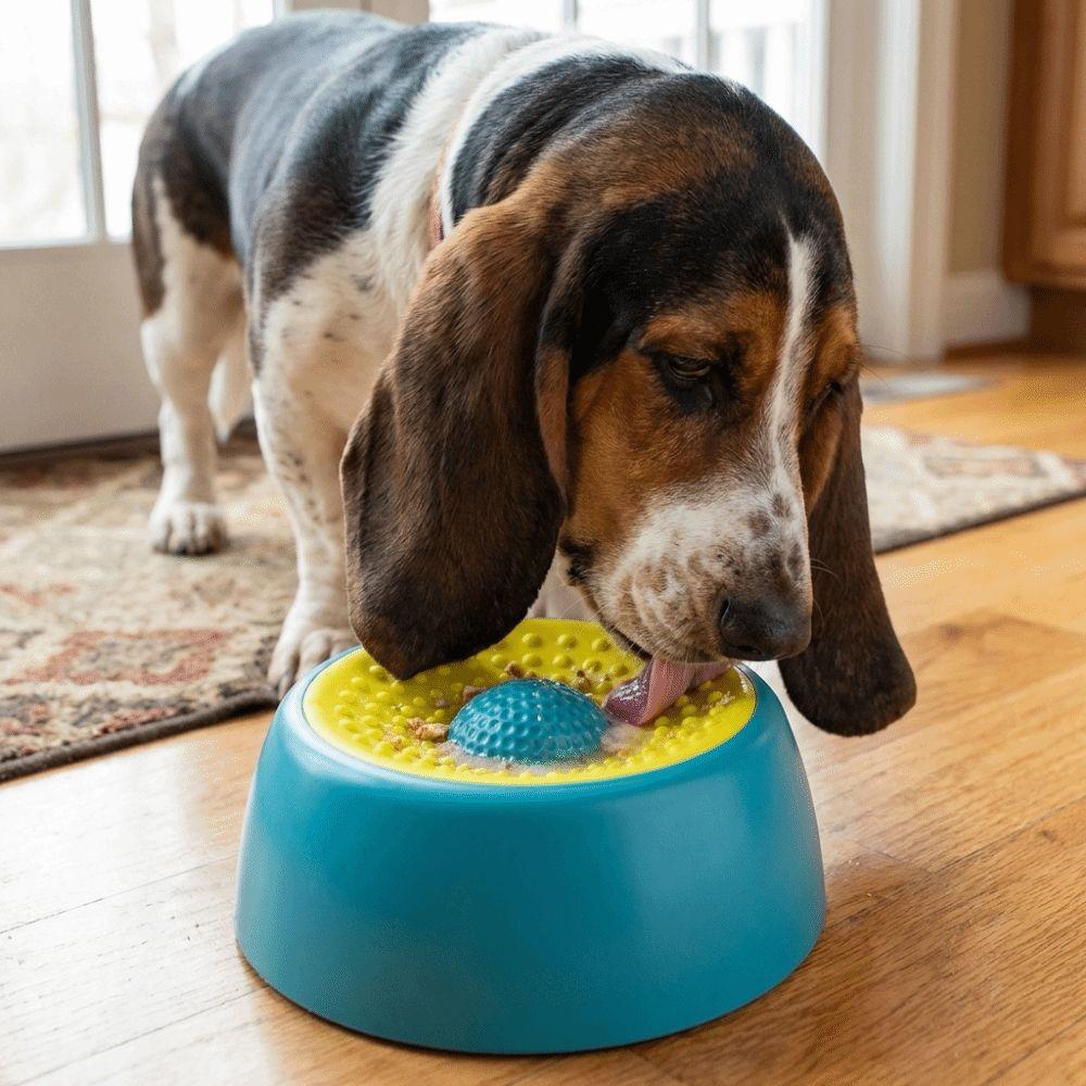 Plastic Slow Feeder Dog Bowl Food-Grade Non-Slip Dog Licking Bowl Anti-Choking with Rolling Ball Dog Treat Bowl Puppy Training
