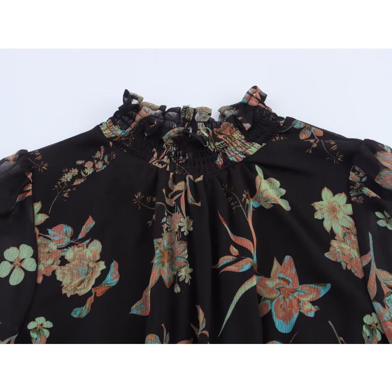 2025 Summer European & American Women's High Neck Waist-Cinching Chiffon Print Long Dress