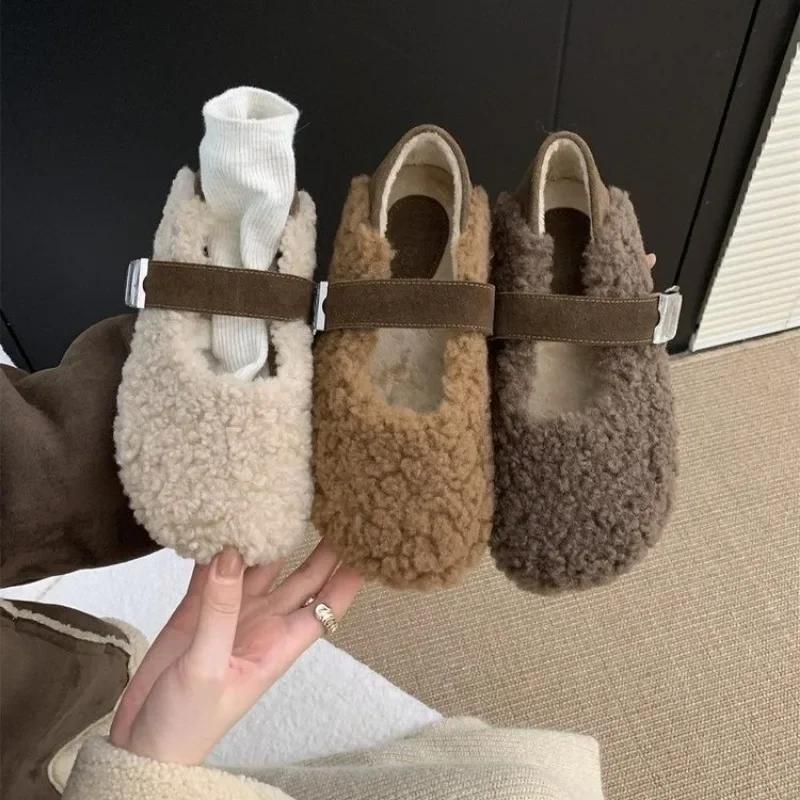 Fashion Color Matching Women's Flats  2024 Hot Sale Ladies Shoes Buckle StrapCasual Flat Shoes New Short Plush Flat Low Heels