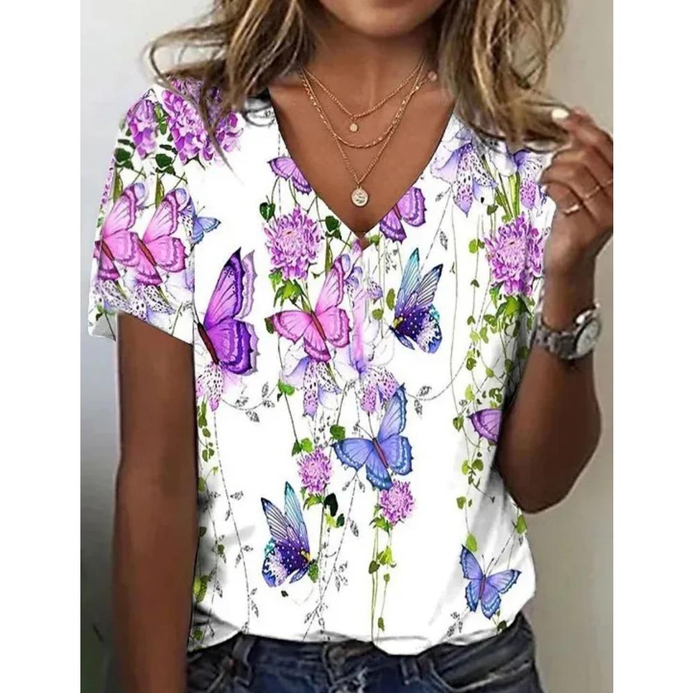 Women's Abstract Floral Painting T Shirt Summer Casual Loose Graphic Print V Neck Basic Top Fashion 3D Print Plus Size Clothing