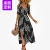 New Leaf Print Long Dress V-neck Casual Vacation Dress Waist Comfortable Split Skirt
