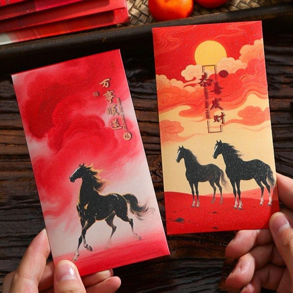 6pcs Traditional Lucky Money Envelopes 2026 Horse Year Red Pocket Money Bag  Marriage Ceremony