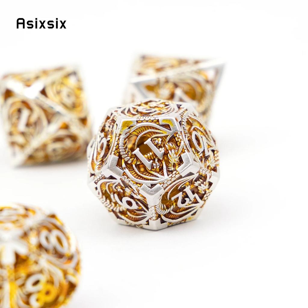 7 Pcs Golden White Dragon Metal Dice Dragon Hollow Metal Polyhedral Dice Set Suitable for Role-Playing RPG  Board Game Card Game