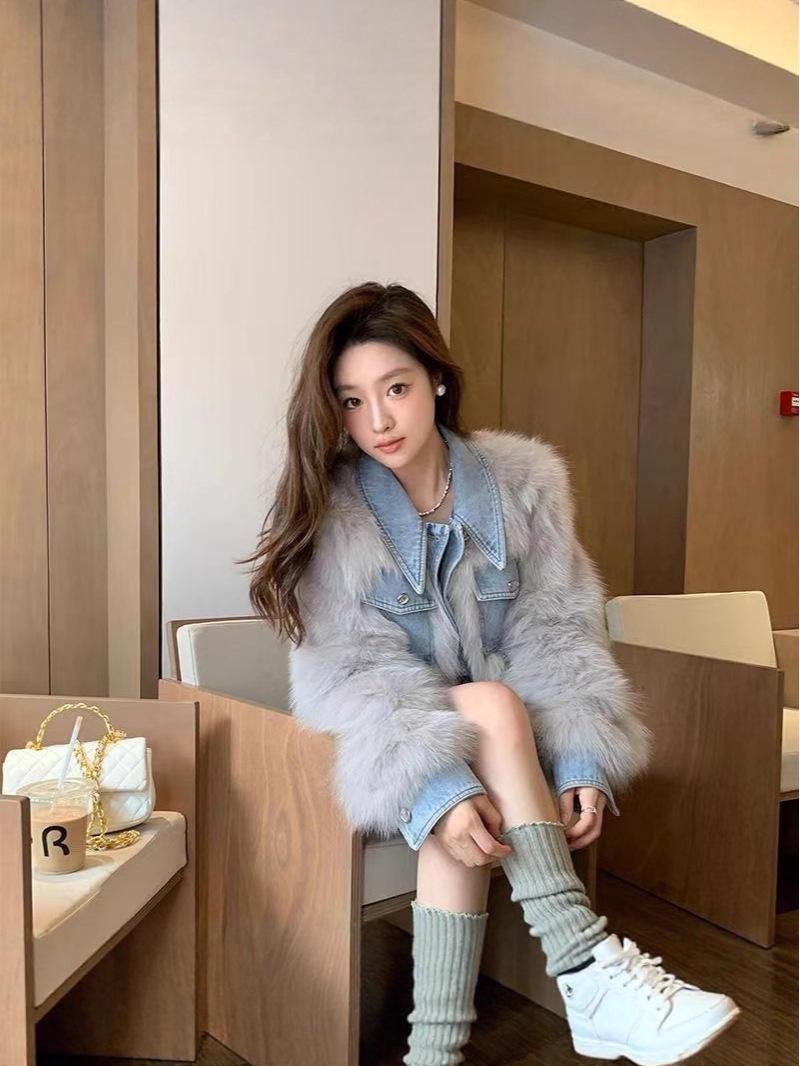 2025 Denim Patchwork Faux Fur Petite Women s Winter Jacket L (100-115 kg) серый