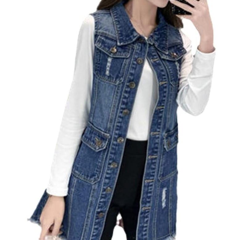 Women's Long Denim Vest - Oversized Sleeveless Single Breasted Tank Top Ripped Fashion Pockets Outwear Long Vintage Jackets