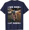 We Ride At Dawn Funny Racoon Riding Tricycle Chaotic Meme T-Shirt