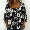 Women Square Neck Blouse White Black Ink Floral Print Ruffle Three Quarter Sleeve Shirt