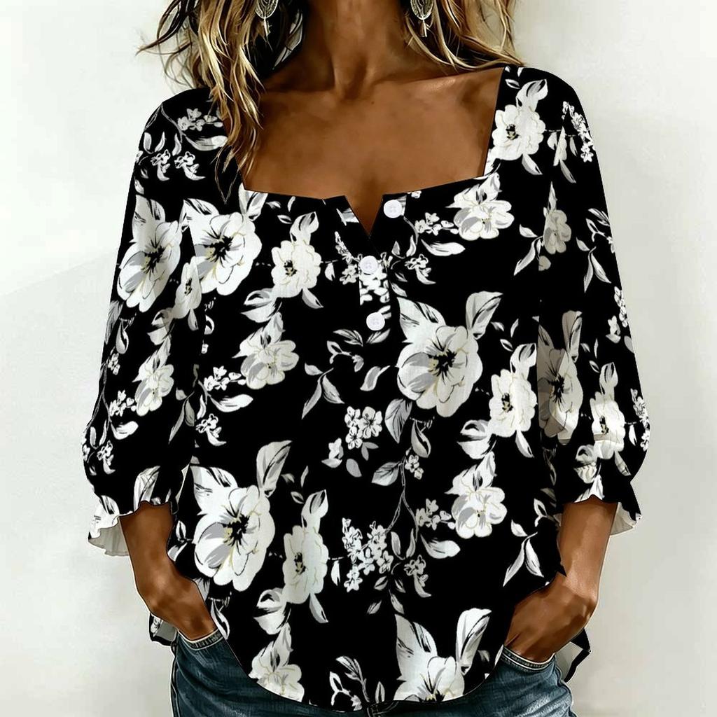 Women Square Neck Blouse White Black Ink Floral Print Ruffle Three Quarter Sleeve Shirt